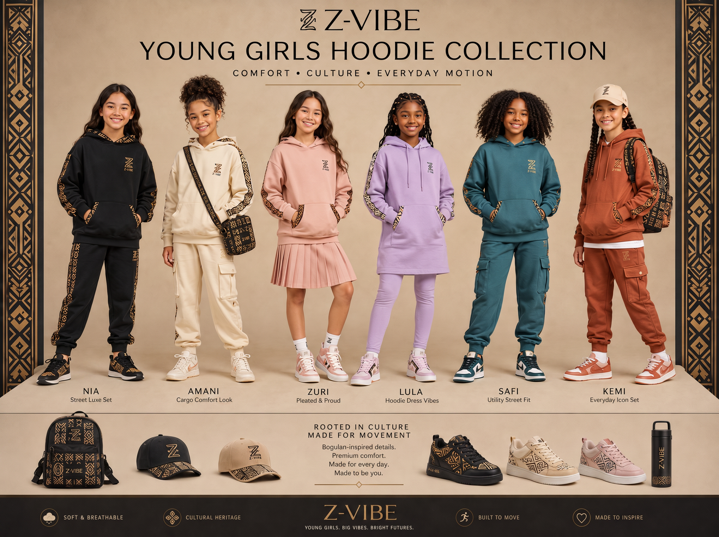 Motion Legging — Girls — House · Z-Vibe Season Atelier™ · Girls seven-view specification plate; showing 01 Front, 02 Left, 03 Right, 04 Back, 05 Interior, 06 Inner tags, 07 Fabric detail. — 01 Front, Onyx Black