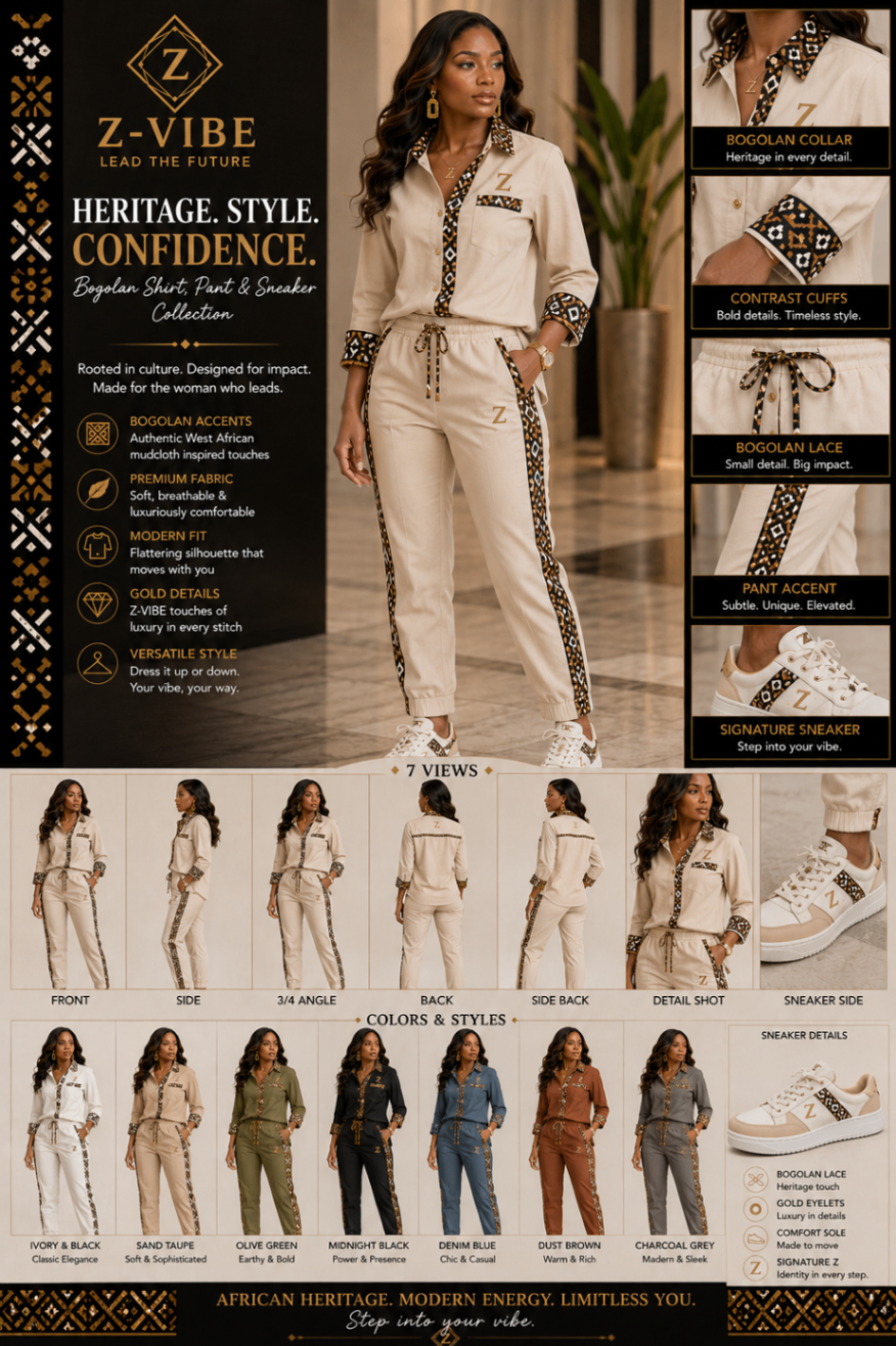 Z-VIBE™ Shirt, Pant & Sneaker — Women · Signature Jersey seven-view specification plate; showing 01 Front, 02 Left, 03 Right, 04 Back, 05 Interior, 06 Inner tags, 07 Fabric detail. — 01 Front, Ivory & Black