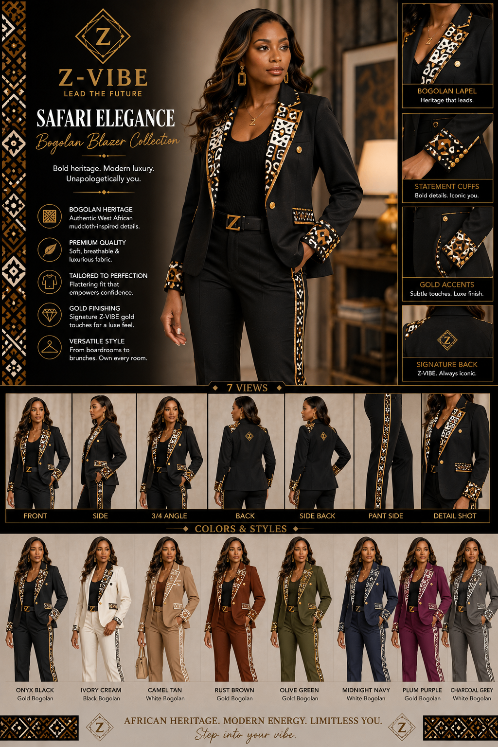 Safari Elegance™ Bogolan mudcloth Blazer Suit — Women · Tailoring seven-view specification plate; showing 01 Front, 02 Left, 03 Right, 04 Back, 05 Interior, 06 Inner tags, 07 Fabric detail. — 01 Front, Onyx Black / Gold Bogolan mudcloth