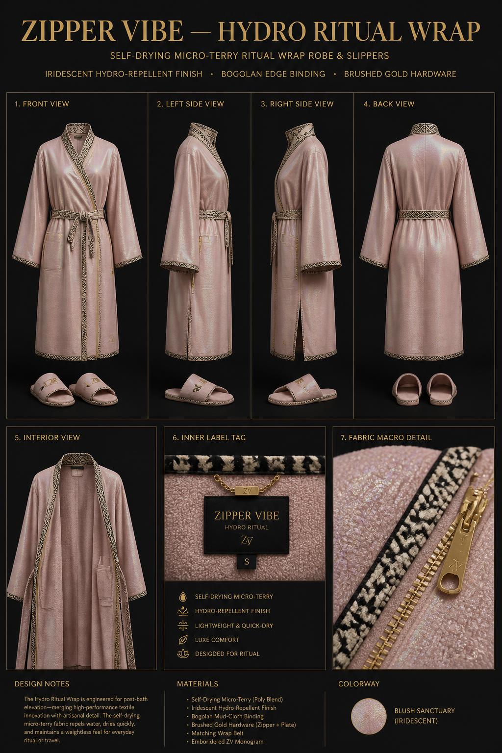 Z-VIBE Hydro Ritual Wrap™ — Home · Nightwear & Bath seven-view specification plate; showing 01 Front, 02 Left, 03 Right, 04 Back, 05 Interior, 06 Inner tags, 07 Fabric detail. — 01 Front, Blush Sanctuary