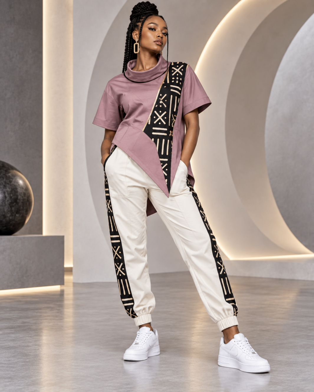 Mauve Cowl Tee & Ivory Rail Joggers — Women — House · Z-Vibe Bogolan Lounge™ seven-view specification plate; showing 01 Front, 02 Left, 03 Right, 04 Back, 05 Interior, 06 Inner tags, 07 Fabric detail. — 01 Front, Mauve / Ivory