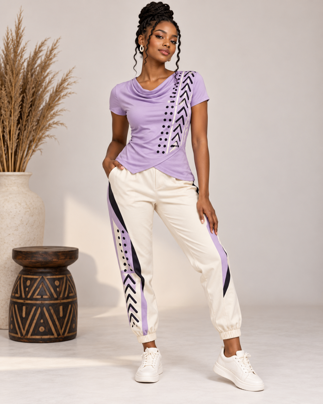 Lilac Wrap Tee & Ivory Joggers — Women — House · Z-Vibe Bogolan Lounge™ seven-view specification plate; showing 01 Front, 02 Left, 03 Right, 04 Back, 05 Interior, 06 Inner tags, 07 Fabric detail. — 01 Front, Lilac / Ivory