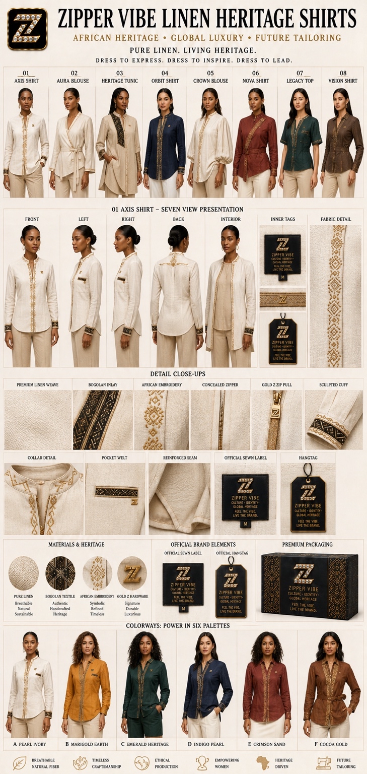01 Front — Linen Heritage Shirts — Women · Pure Linen seven-view specification plate; showing 01 Front, 02 Left, 03 Right, 04 Back, 05 Interior, 06 Inner tags, 07 Fabric detail; made in Pure linen, Bogolan mudcloth inlay, African embroidery, gold Z hardware; shown in Pearl Ivory, Marigold Earth, Emerald Heritage, Indigo Pearl, Crimson Sand, Cocoa Gold.