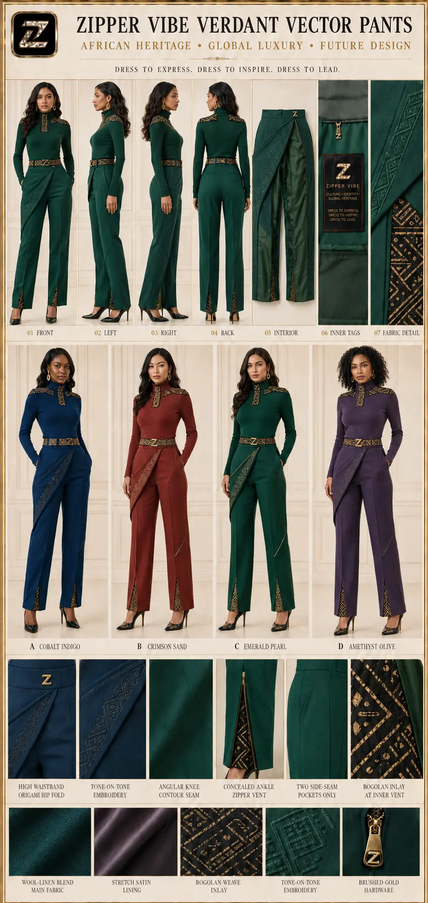Verdant Vector Pants — Women · Future Tailoring seven-view specification plate; showing 01 Front, 02 Left, 03 Right, 04 Back, 05 Interior, 06 Inner tags, 07 Fabric detail.