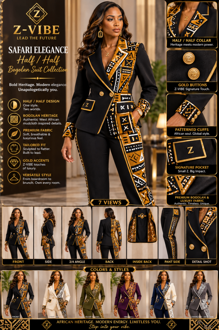 Safari Elegance™ Half / Half Bogolan mudcloth Suit — Women · Tailoring seven-view specification plate; showing 01 Front, 02 Left, 03 Right, 04 Back, 05 Interior, 06 Inner tags, 07 Fabric detail. — 01 Front, Onyx / Gold Bogolan mudcloth