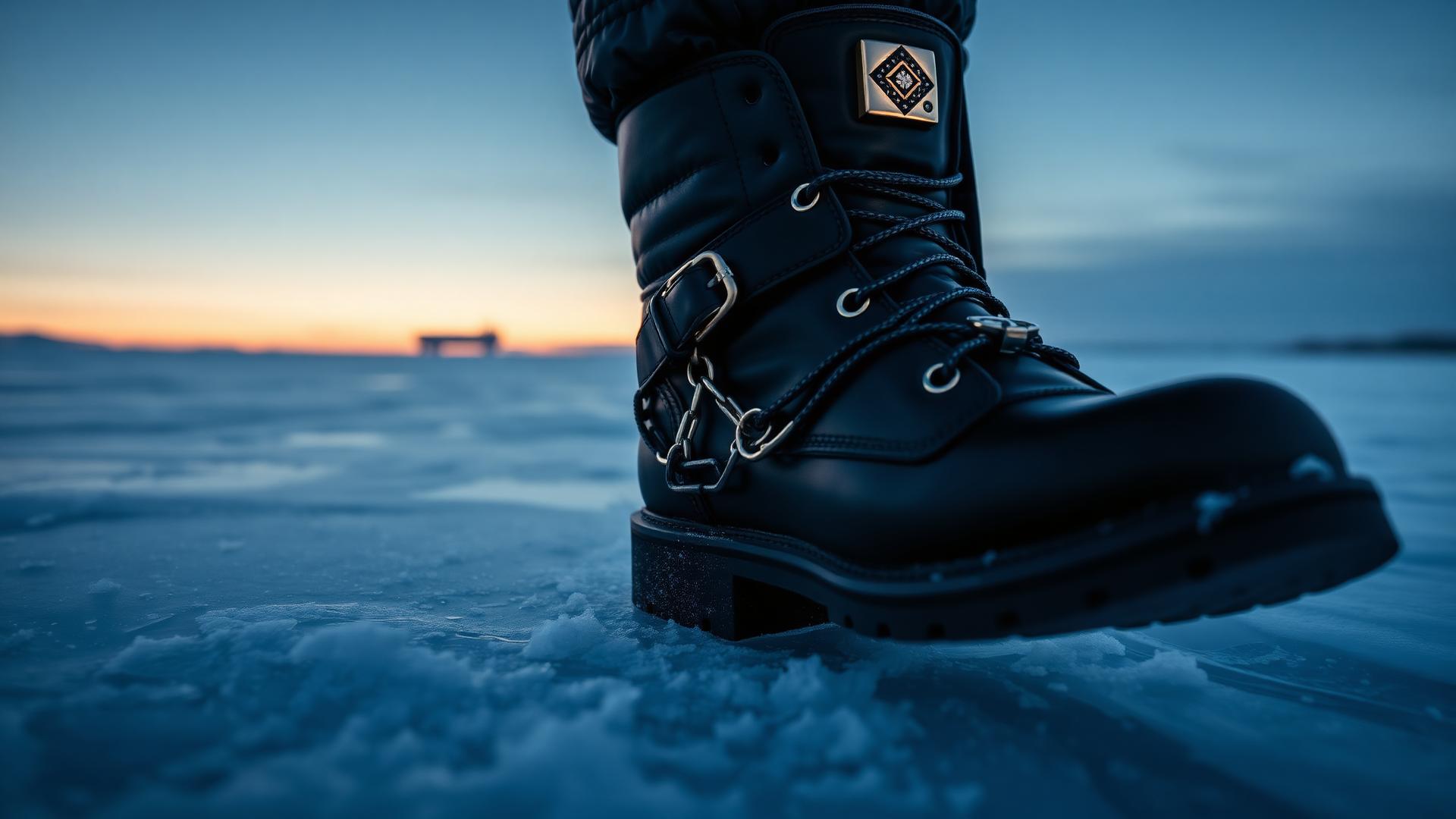 A winter boot fitted with a Z-Chain traction harness stepping onto blue ice at dusk