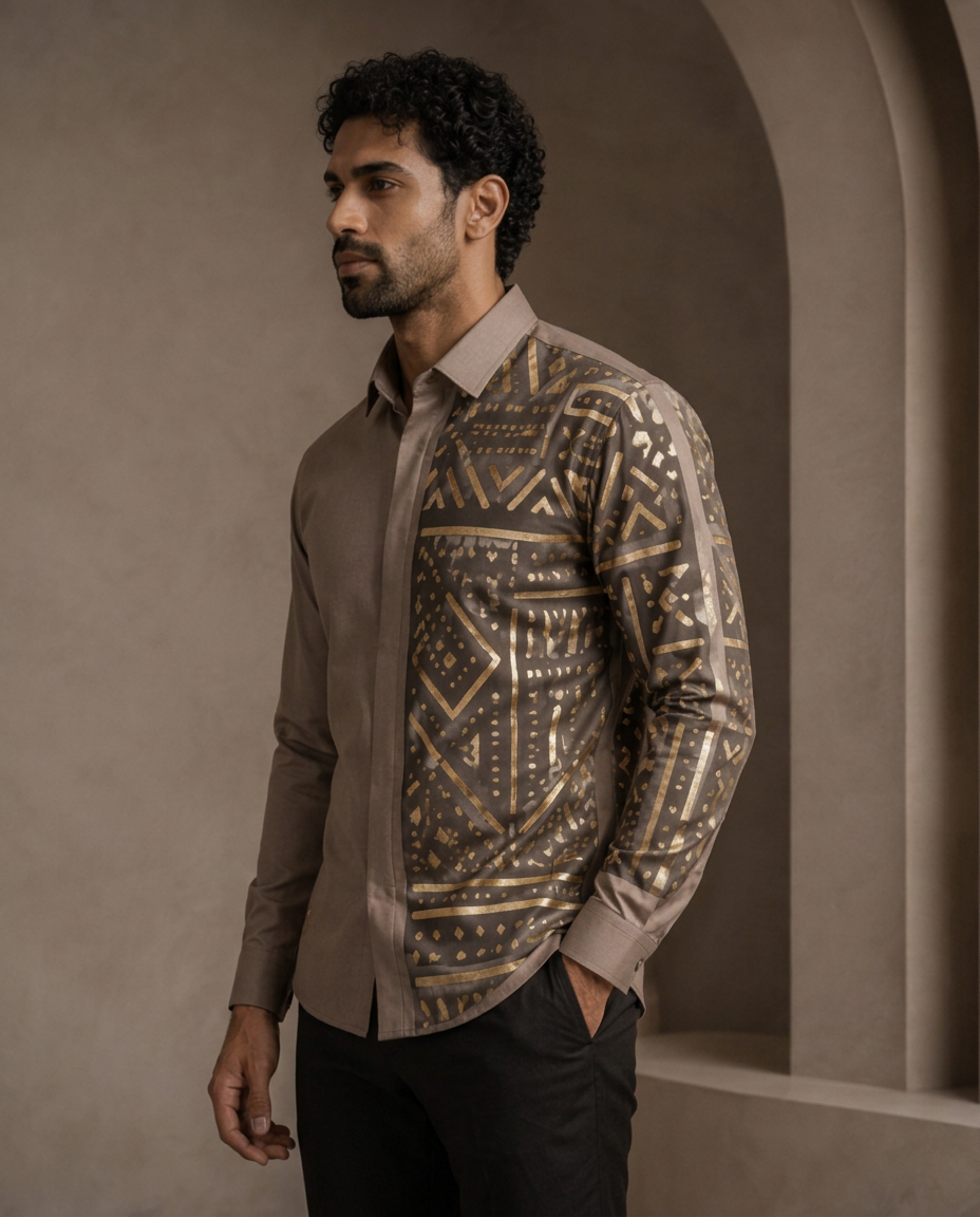 Taupe Gold Panel Shirt — Men, 02 Left (view 2 of 7). Left profile: shoulder line, sleeve fall and the outer seam trim.
