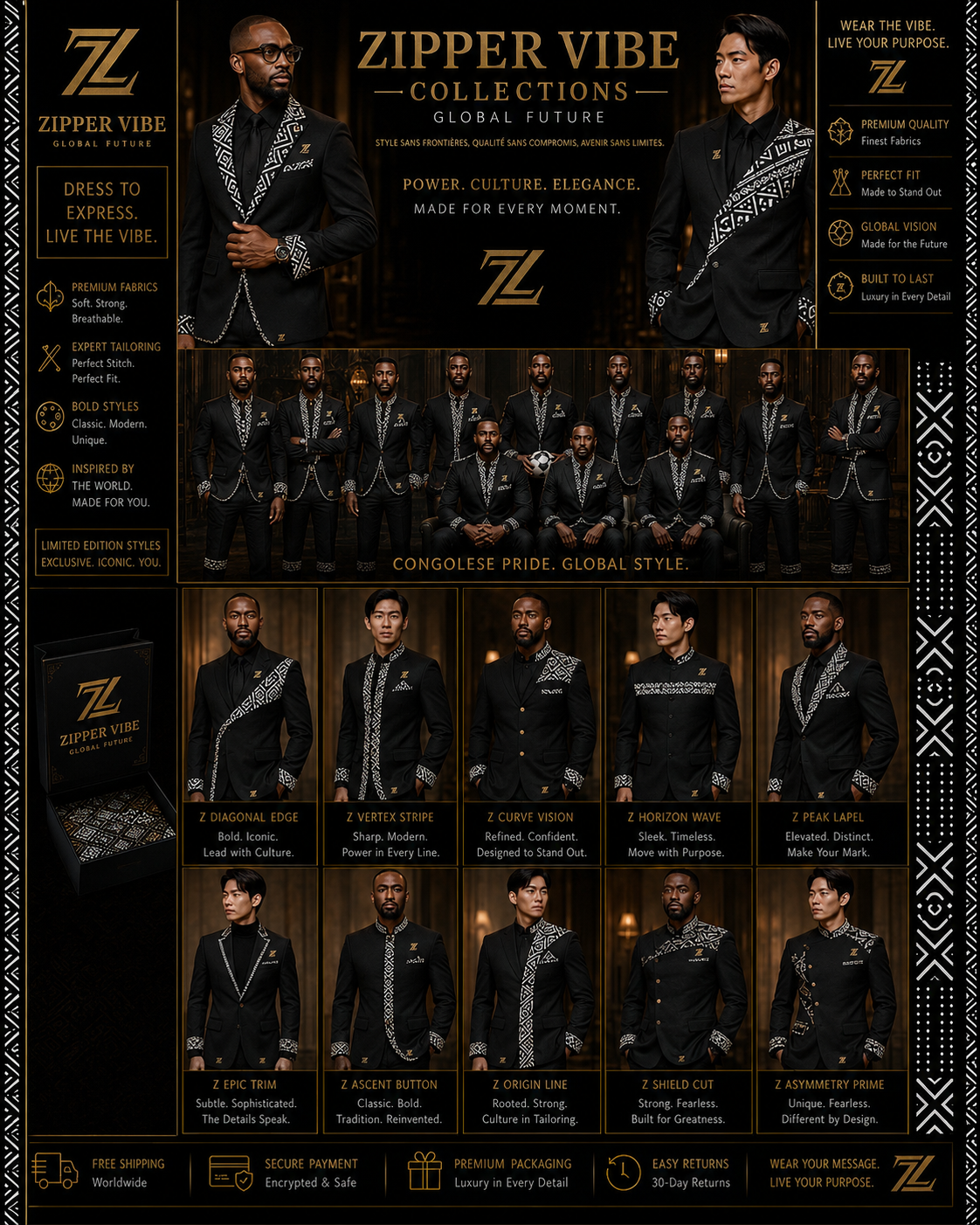 Men's heritage tailoring in obsidian with mudcloth sashes and cuffs