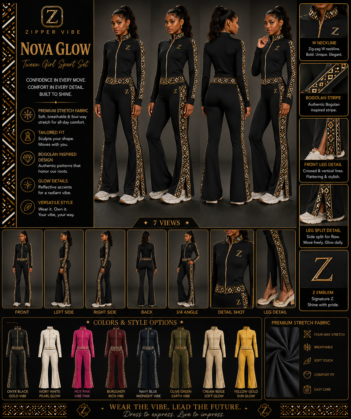 Nova Glow Sport Set — Onyx — Girls — Girls · Z-Vibe Fit Dance seven-view specification plate; showing 01 Front, 02 Left, 03 Right, 04 Back, 05 Interior, 06 Inner tags, 07 Fabric detail. — 01 Front, Onyx Black Gold Vibe
