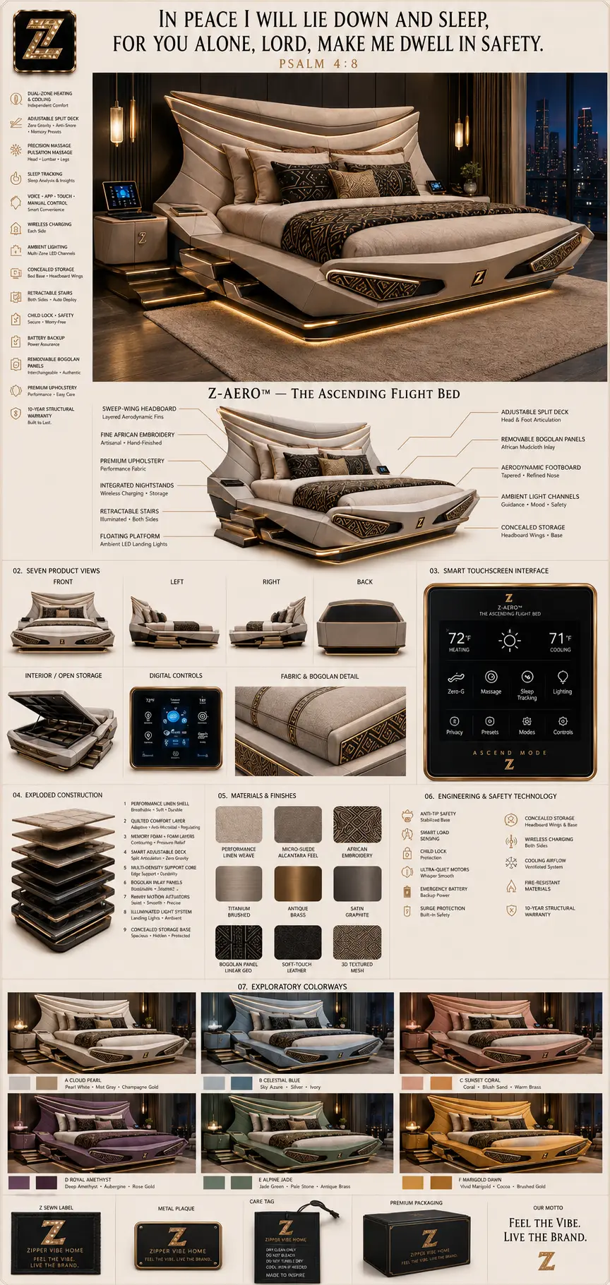 Z-Aero™ Ascending Flight Bed — Home · Aerodynamic Rest seven-view specification plate; showing 01 Front, 02 Left, 03 Right, 04 Back, 05 Interior, 06 Inner tags, 07 Fabric detail; made in Performance linen weave, micro-suede alcantara, antique brass, 3D textured mesh; shown in Cloud Pearl, Celestial Blue, Sunset Coral, Royal Amethyst, Alpine Jade, Marigold Dawn.
