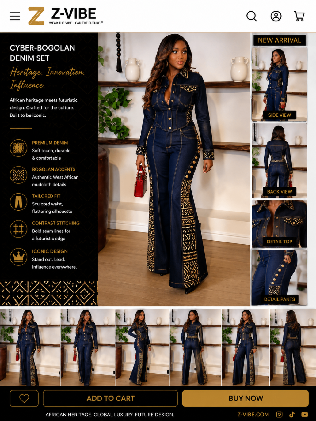Cyber-Bogolan™ Sculpted Denim Set — Women · Denim seven-view specification plate; showing 01 Front, 02 Left, 03 Right, 04 Back, 05 Interior, 06 Inner tags, 07 Fabric detail. — 01 Front, Dark Indigo Gold