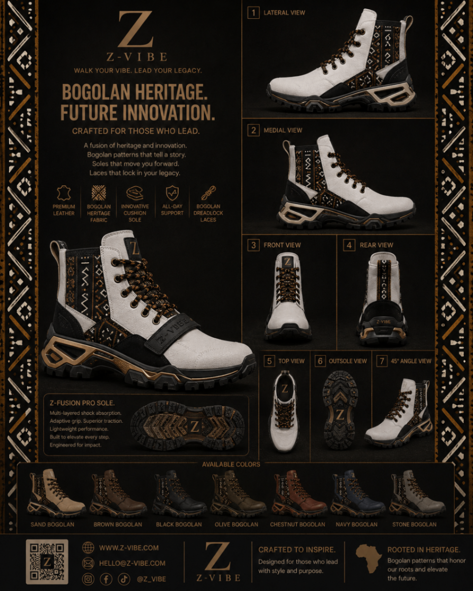 Bogolan mudcloth Ivory Boot™ — Men · Footwear seven-view specification plate; showing 01 Front, 02 Left, 03 Right, 04 Back, 05 Interior, 06 Inner tags, 07 Fabric detail. — 01 Front, Sand Bogolan mudcloth