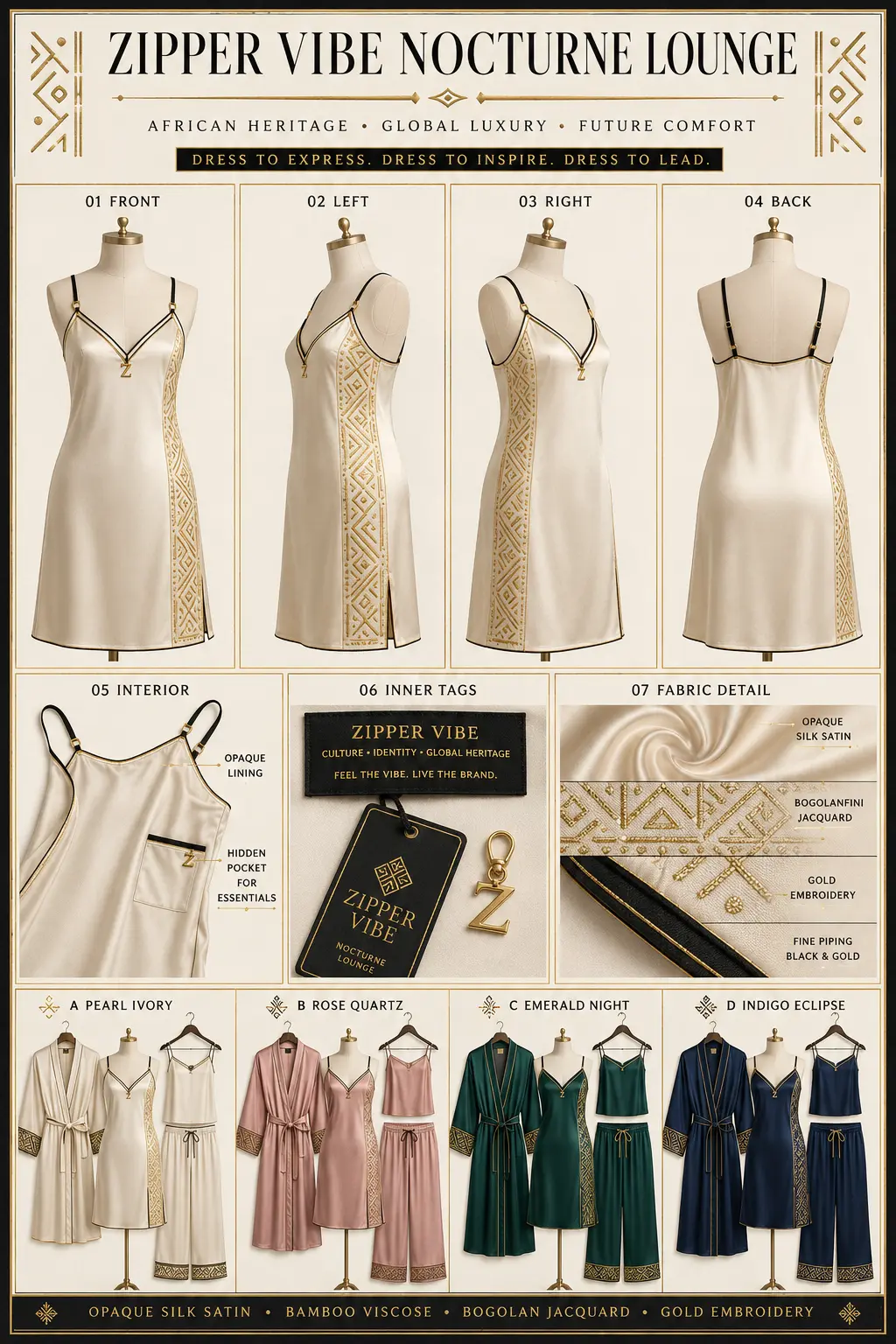 Z-VIBE Nocturne Lounge™ — Women · Nightwear seven-view specification plate; showing 01 Front, 02 Left, 03 Right, 04 Back, 05 Interior, 06 Inner tags, 07 Fabric detail. — 01 Front, Pearl Ivory