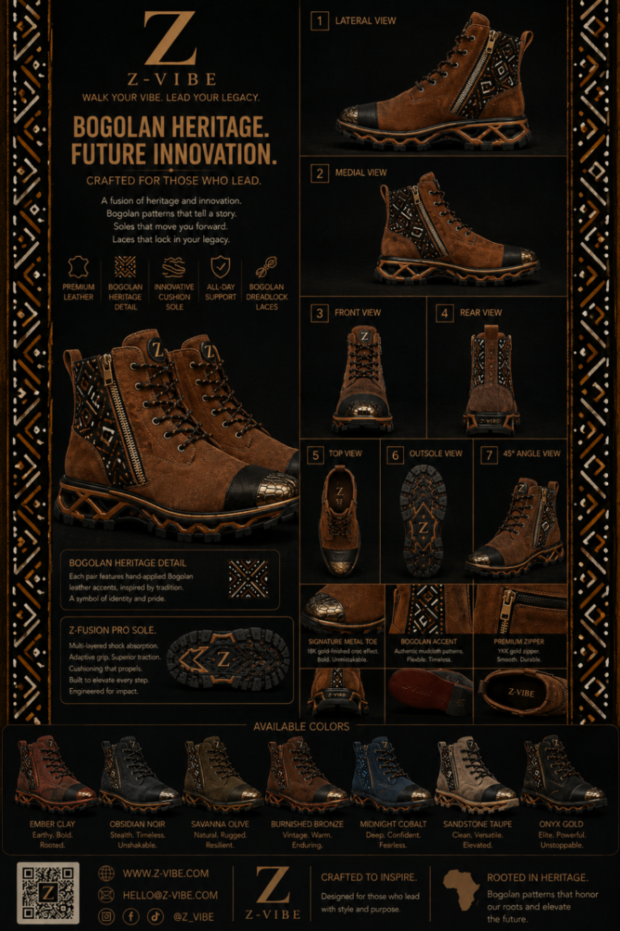 Bogolan mudcloth Bronze Zip Boot™ — Men · Footwear seven-view specification plate; showing 01 Front, 02 Left, 03 Right, 04 Back, 05 Interior, 06 Inner tags, 07 Fabric detail. — 01 Front, Ember Clay
