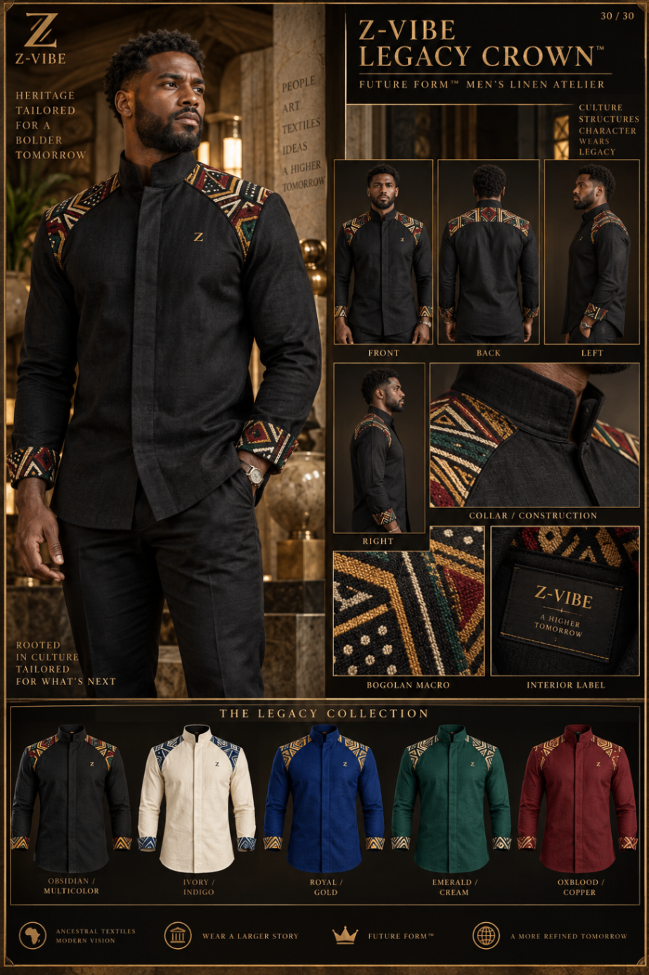 Men · Z-Vibe Atelier Shirts™ XII — approved Z-Vibe design board with Bogolan detailing