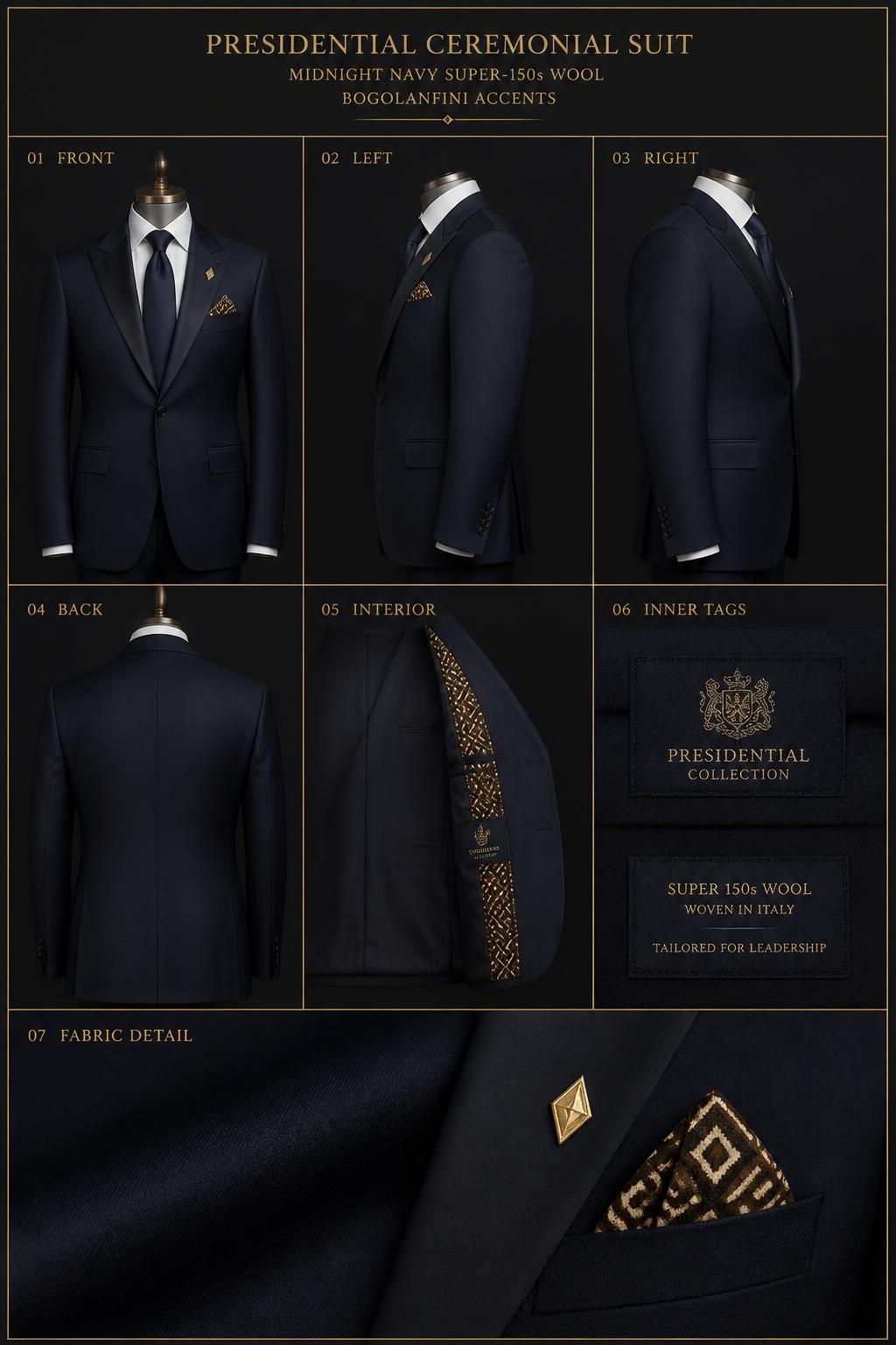 Présidentiel™ Ceremonial Suit — Royalty · Head of State seven-view specification plate; showing 01 Front, 02 Left, 03 Right, 04 Back, 05 Interior, 06 Inner tags, 07 Fabric detail. — 01 Front, Midnight Navy