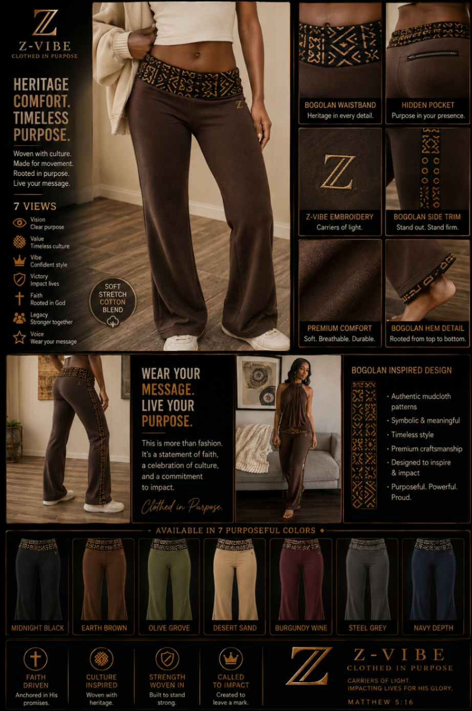 Heritage Comfort Flare Trouser — Women — Women · Clothed in Purpose seven-view specification plate; showing 01 Front, 02 Left, 03 Right, 04 Back, 05 Interior, 06 Inner tags, 07 Fabric detail. — 01 Front, Midnight Black