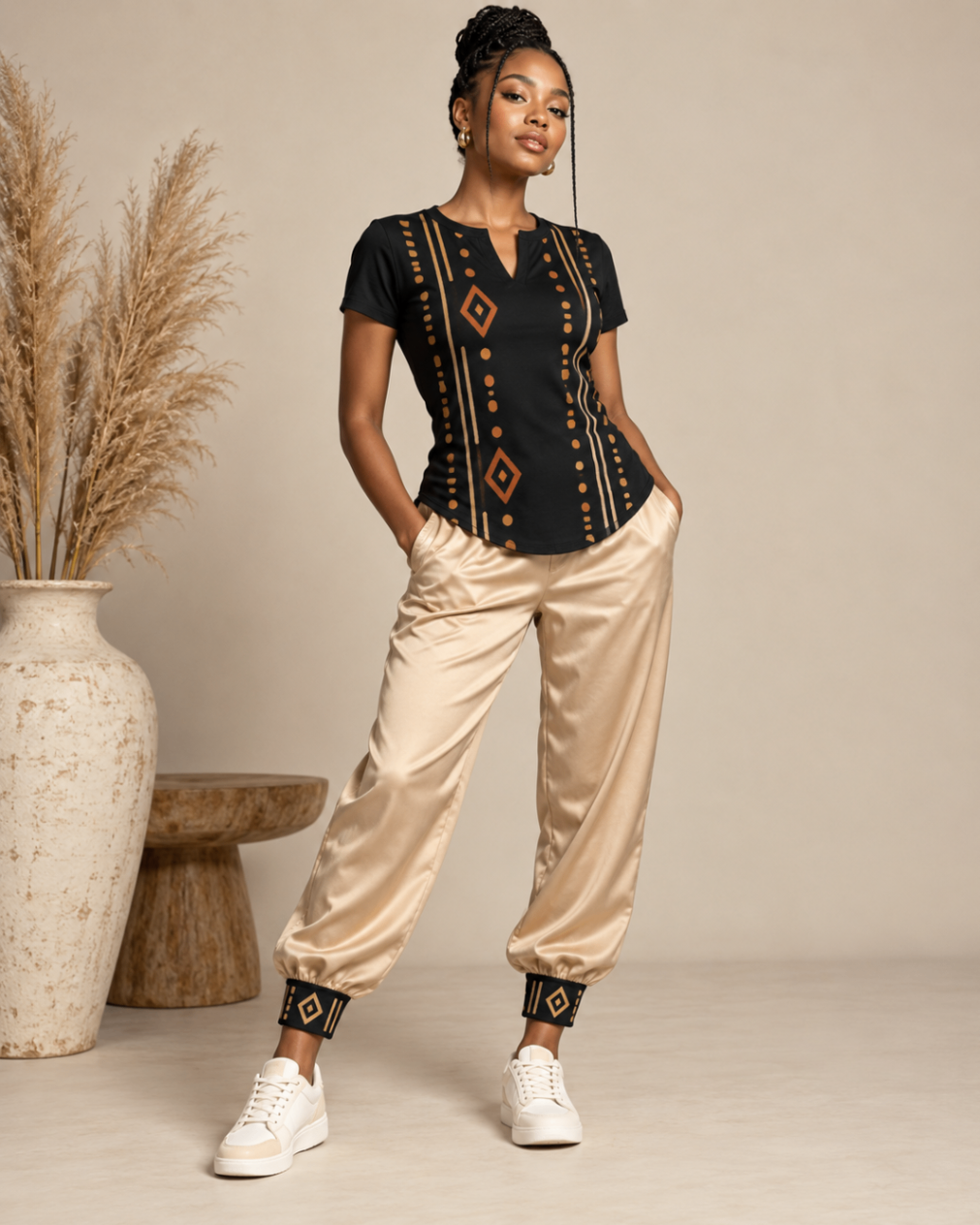 Onyx Tee & Champagne Satin Joggers — Women — House · Z-Vibe Bogolan Lounge™ seven-view specification plate; showing 01 Front, 02 Left, 03 Right, 04 Back, 05 Interior, 06 Inner tags, 07 Fabric detail. — 01 Front, Black / Champagne