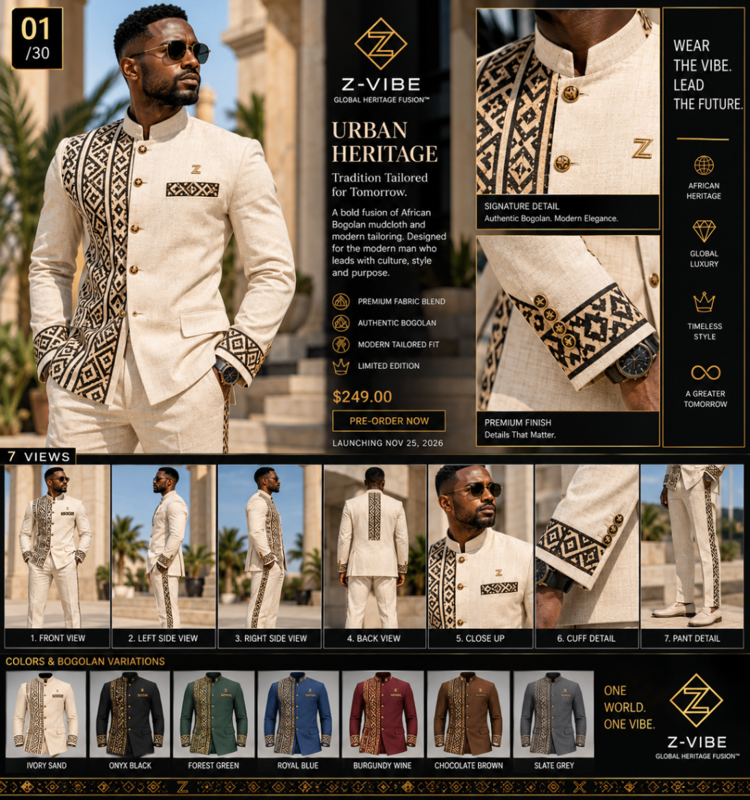 Men · Z-Vibe Heritage Fusion™ — approved Z-Vibe design board with Bogolan detailing