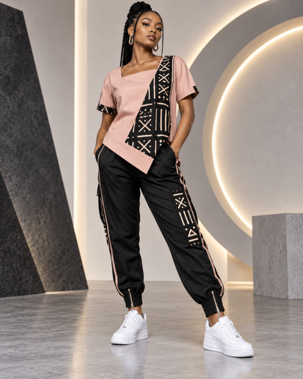 Blush Asymmetric Sash Tee & Black Zip Joggers — Women — Product