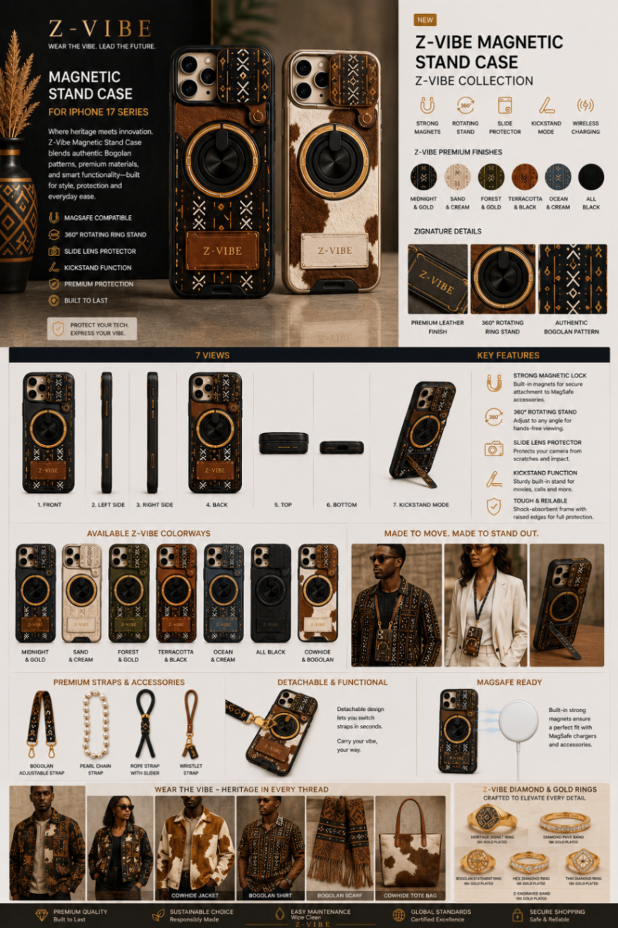 Magnetic Stand Case — Cowhide & Bogolan mudcloth — Accessories · Tech seven-view specification plate; showing 01 Front, 02 Left side, 03 Right side, 04 Back, 05 Top, 06 Bottom, 07 Kickstand mode.