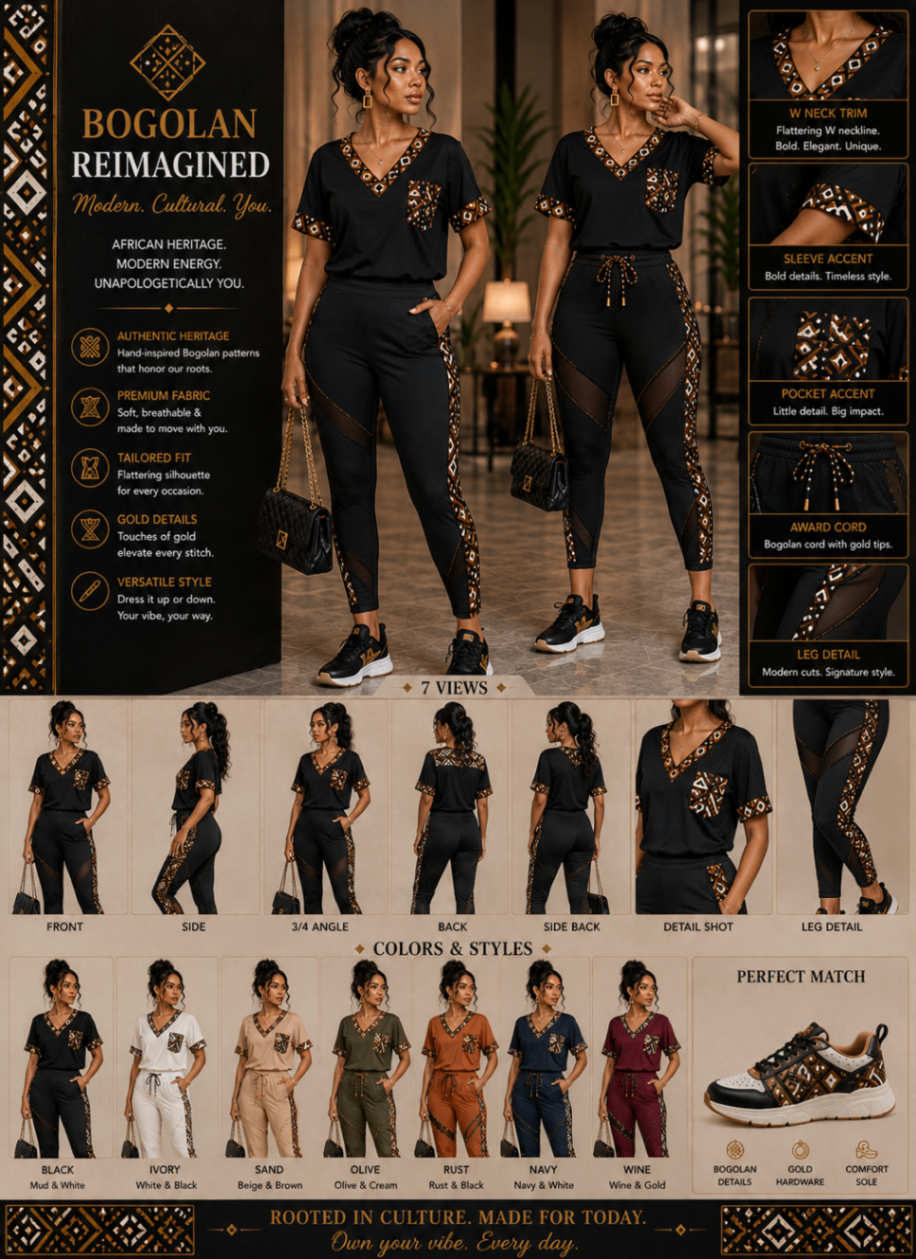 Bogolan mudcloth Reimagined™ Mesh Panel Set — Women · Bogolan mudcloth Atelier seven-view specification plate; showing 01 Front, 02 Left, 03 Right, 04 Back, 05 Interior, 06 Inner tags, 07 Fabric detail. — 01 Front, Black