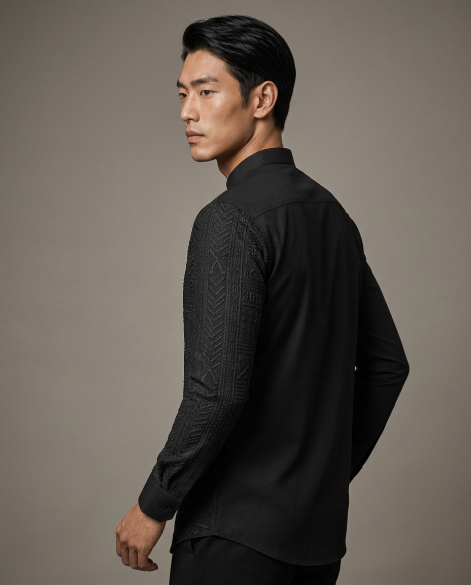 Onyx Tonal Relief Shirt — Men, 02 Left (view 2 of 7). Left profile: shoulder line, sleeve fall and the outer seam trim.