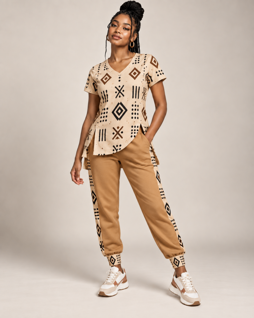 Sand All-Over Tee & Camel Joggers — Women — House · Z-Vibe Bogolan Lounge™ seven-view specification plate; showing 01 Front, 02 Left, 03 Right, 04 Back, 05 Interior, 06 Inner tags, 07 Fabric detail. — 01 Front, Sand / Camel