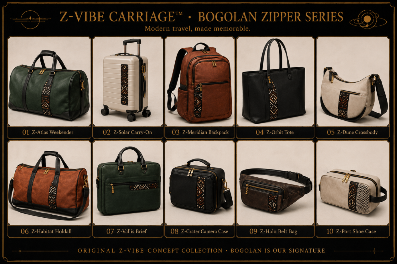 Z-Vallis Brief — Unisex — House · Z-Vibe Carriage™ seven-view specification plate; showing 01 Front, 02 Left, 03 Right, 04 Back, 05 Interior, 06 Inner tags, 07 Fabric detail. — 01 Front, Onyx Black