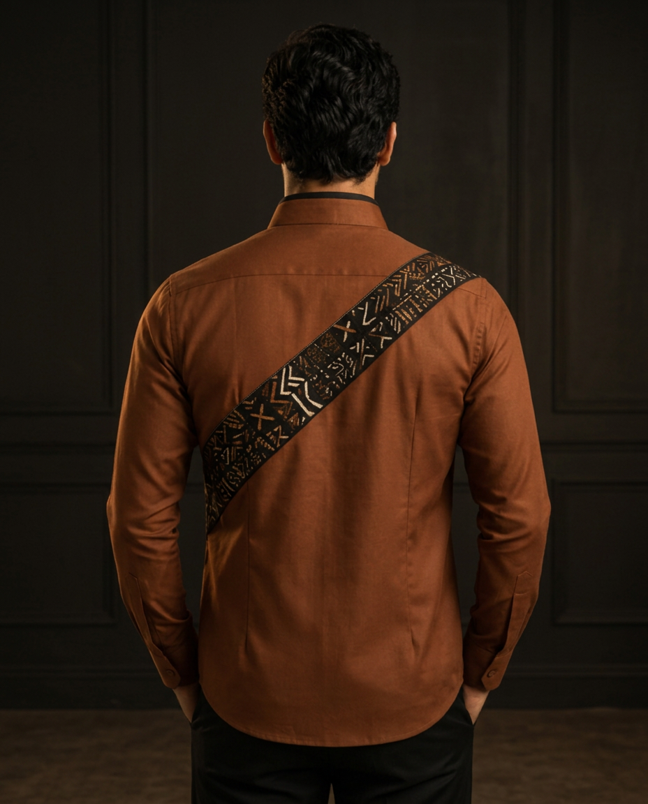 Cognac Diagonal Sash Shirt — Men, 04 Back (view 4 of 7). Back view: yoke, centre seam and the hem finish.