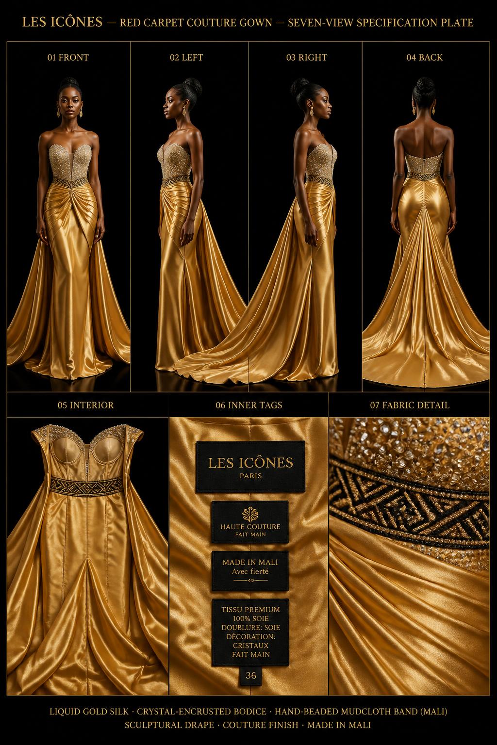 Les Icônes™ Red Carpet Couture Gown — Icônes · Red Carpet seven-view specification plate; showing 01 Front, 02 Left, 03 Right, 04 Back, 05 Interior, 06 Inner tags, 07 Fabric detail. — 01 Front, Liquid Gold