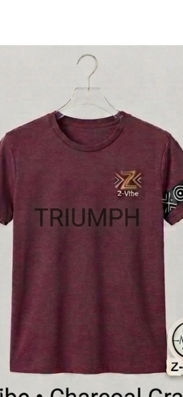 Triumph Crest Tee — Men — Men · Z-Vibe Jersey seven-view specification plate; showing 01 Front, 02 Left, 03 Right, 04 Back, 05 Interior, 06 Inner tags, 07 Fabric detail. — 01 Front, Burgundy Heather