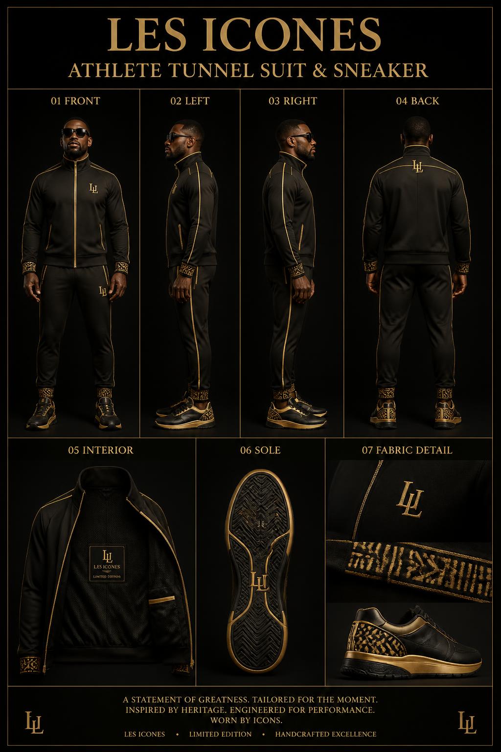 Les Icônes™ Athlete Tunnel Suit & Sneaker — Icônes · Stadium seven-view specification plate; showing 01 Front, 02 Left, 03 Right, 04 Back, 05 Interior, 06 Inner tags, 07 Fabric detail. — 01 Front, Obsidian Gold