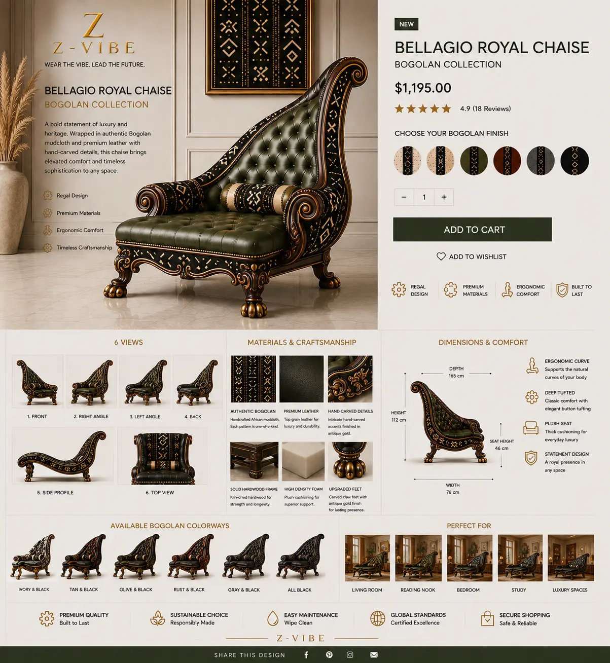 Bellagio Royal Chaise — Olive Leather design board