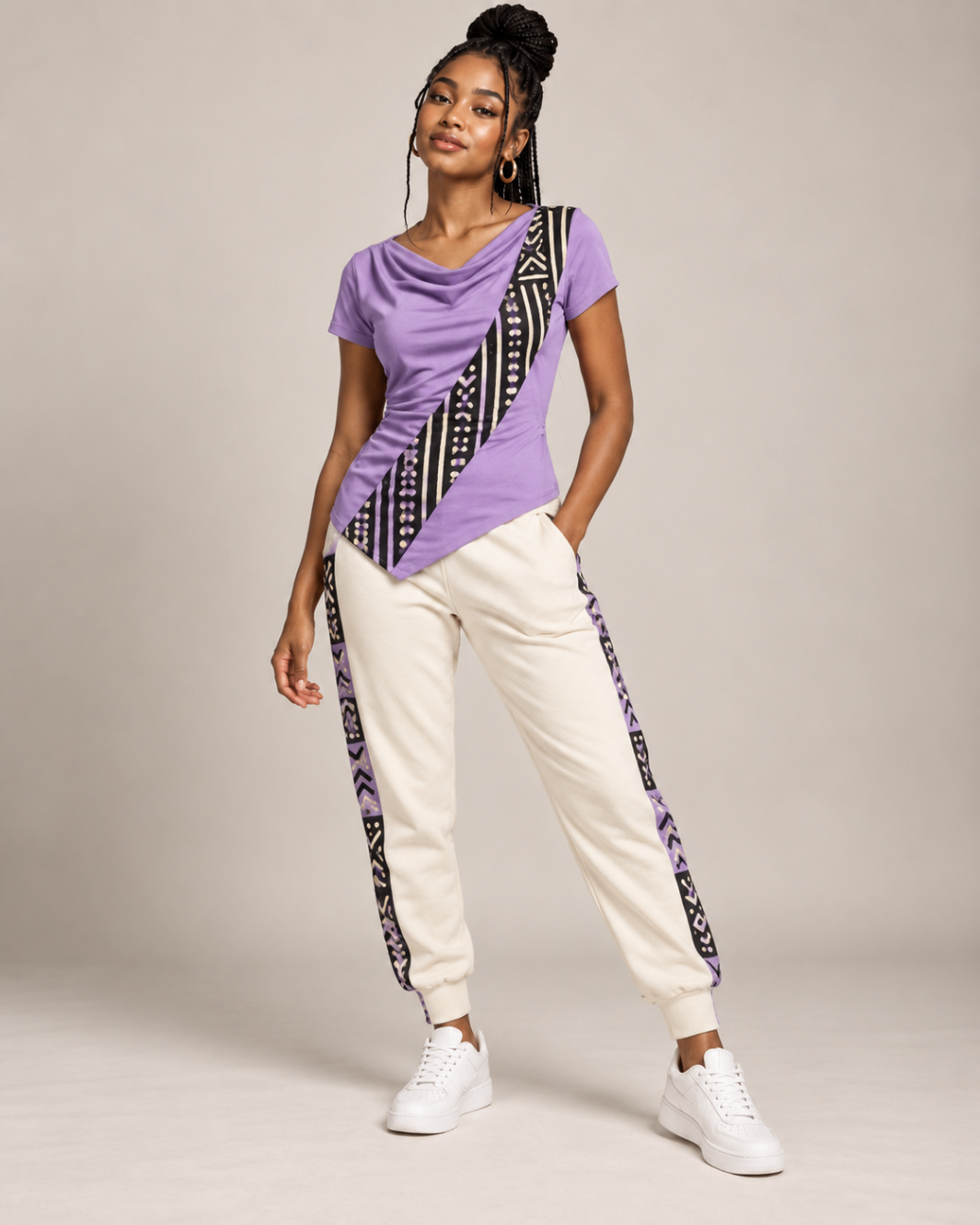 Lavender Sash Tee & Cream Joggers — Women — House · Z-Vibe Bogolan Lounge™ seven-view specification plate; showing 01 Front, 02 Left, 03 Right, 04 Back, 05 Interior, 06 Inner tags, 07 Fabric detail. — 01 Front, Lavender / Cream