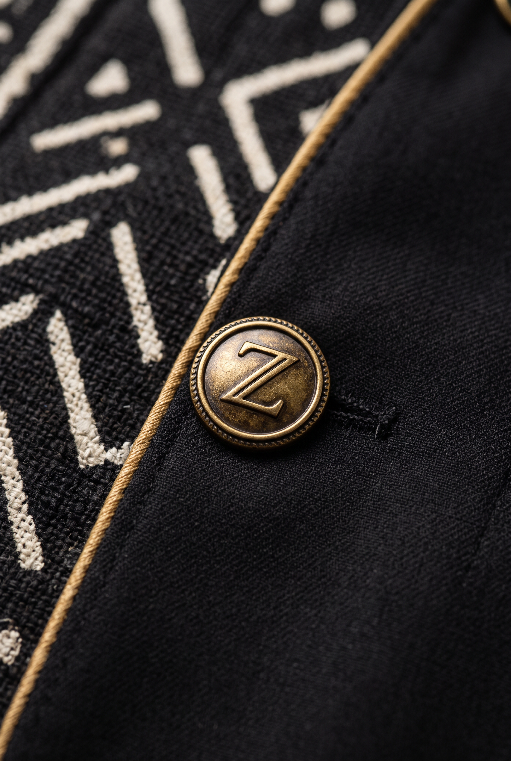 Redefined Heritage Suit · Onyx Black — Men, 07 Fabric detail (view 7 of 7). Fabric detail: close study of the cloth, hand-printed mudcloth motif and stitching.