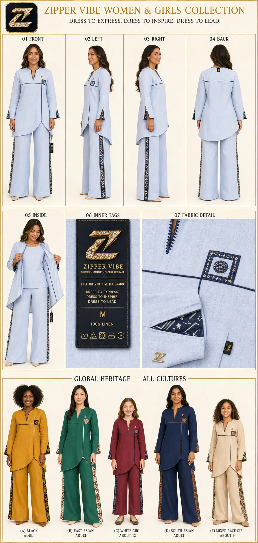 Women & Girls Set — Sky Linen — Family · Linen seven-view specification plate; showing 01 Front, 02 Left, 03 Right, 04 Back, 05 Interior, 06 Inner tags, 07 Fabric detail.