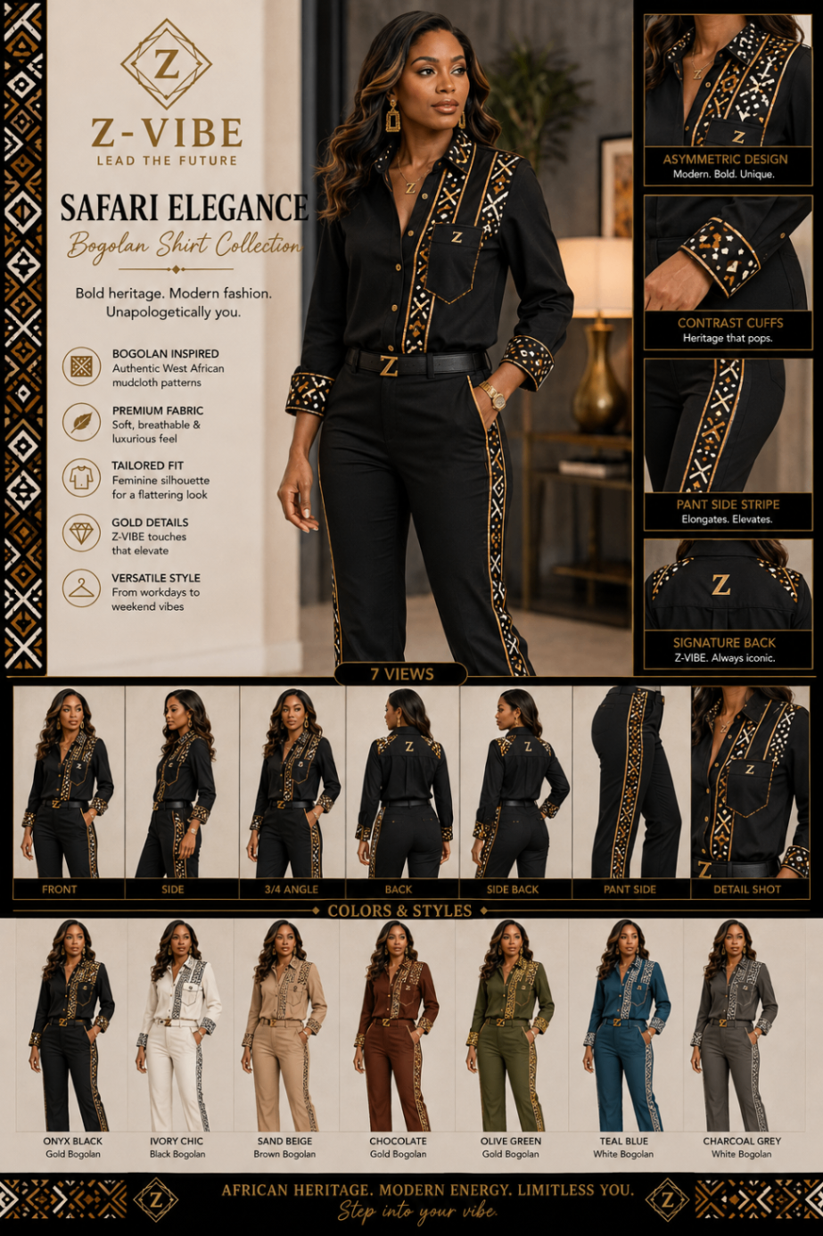 Safari Elegance™ Bogolan mudcloth Shirt Set — Women · Shirting seven-view specification plate; showing 01 Front, 02 Left, 03 Right, 04 Back, 05 Interior, 06 Inner tags, 07 Fabric detail. — 01 Front, Onyx Black / Gold Bogolan mudcloth
