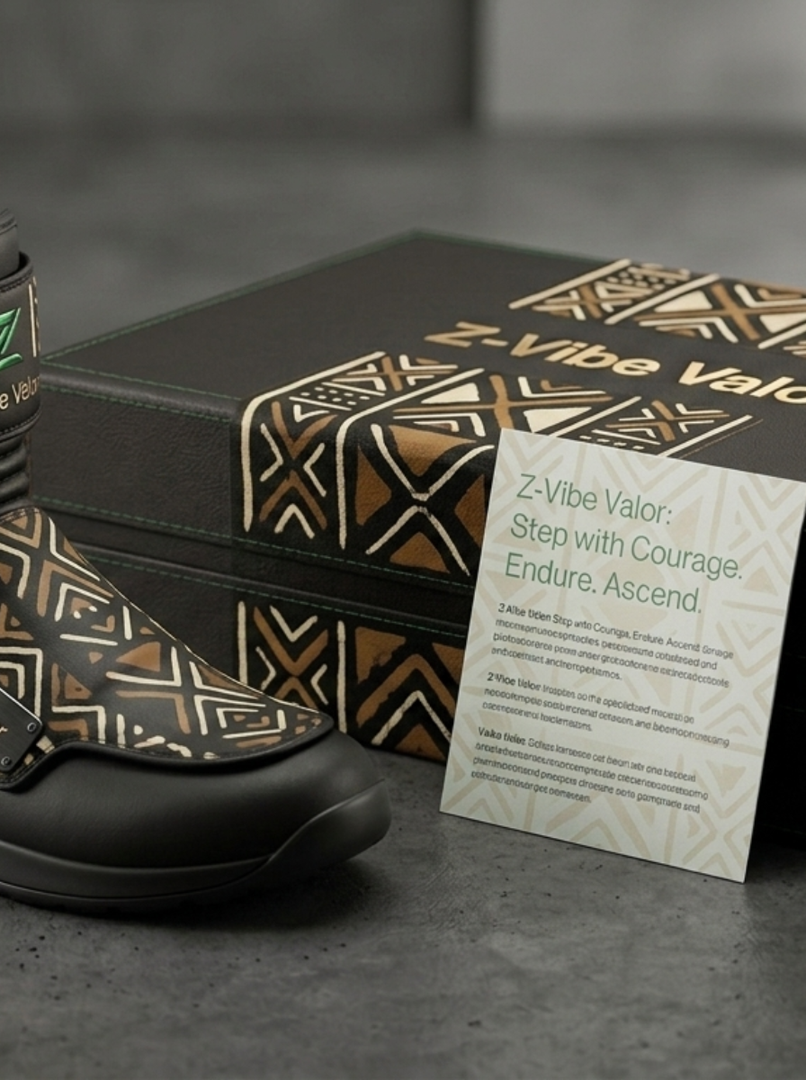 Z-Vibe Valor™ Presentation Box — Women · Packaging seven-view specification plate; showing 01 Front, 02 Left, 03 Right, 04 Back, 05 Interior, 06 Inner tags, 07 Fabric detail; made in Bogolan-embossed leatherette case, forest stitch, gold foil, cotton-rag certificate card; shown in Forest Gum, Obsidian Gold, Sable Cream, Ochre Earth, Indigo Mud, Crimson Earth.