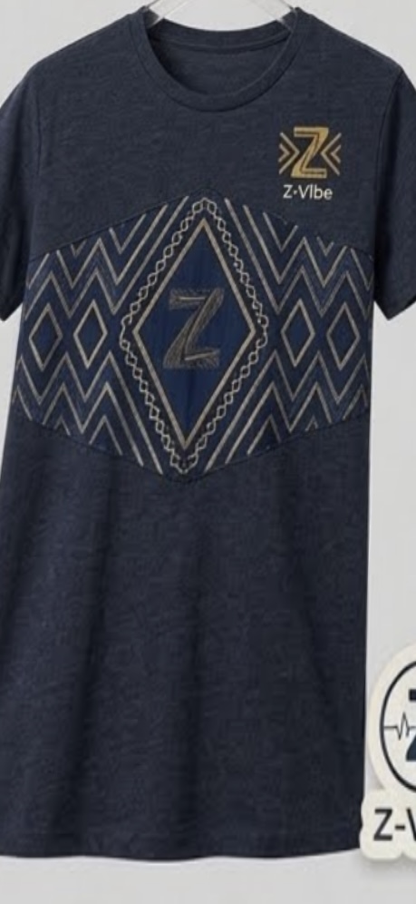 Gold Diamond Crest Tee — Men — Men · Z-Vibe Jersey seven-view specification plate; showing 01 Front, 02 Left, 03 Right, 04 Back, 05 Interior, 06 Inner tags, 07 Fabric detail. — 01 Front, Navy Heather