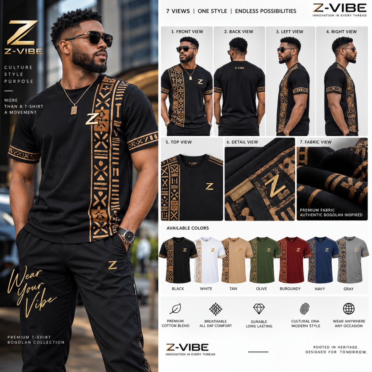 Men · Z-Vibe Signature Tee Boards™ — approved Z-Vibe design board with Bogolan detailing