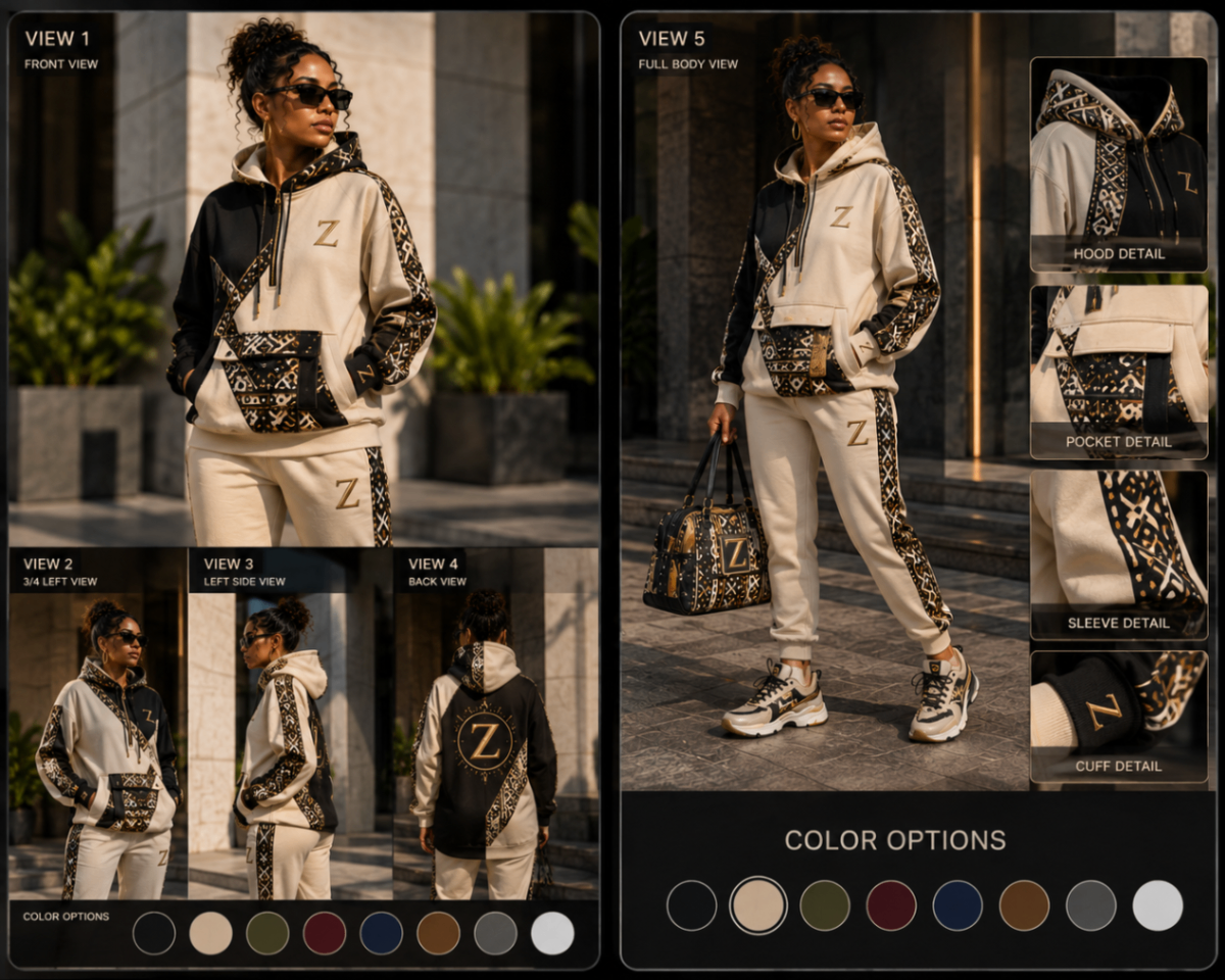 Bogolan Hoodie Set · Ivory & Onyx Colourblock design board