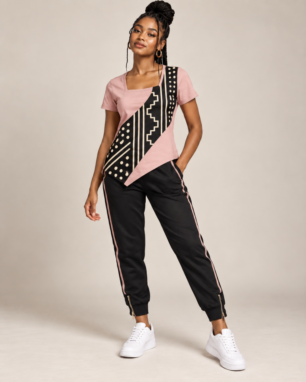 Rose Asymmetric Panel Tee & Black Joggers — Women — House · Z-Vibe Bogolan Lounge™ seven-view specification plate; showing 01 Front, 02 Left, 03 Right, 04 Back, 05 Interior, 06 Inner tags, 07 Fabric detail. — 01 Front, Blush / Black