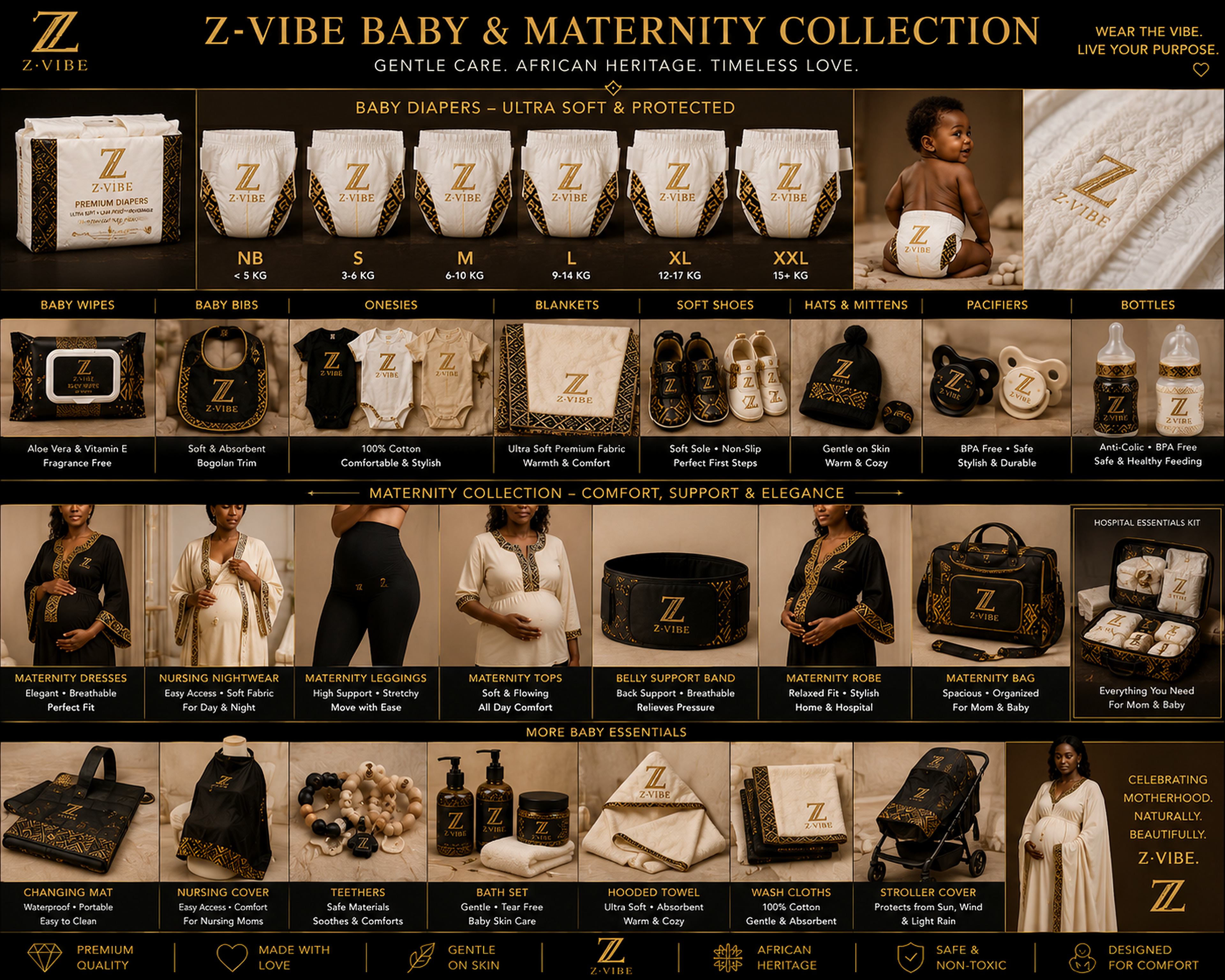 Maternity Robe — Women — House · Z-Vibe Maison™ · Baby seven-view specification plate; showing 01 Front, 02 Left, 03 Right, 04 Back, 05 Interior, 06 Inner tags, 07 Fabric detail. — 01 Front, Onyx Black