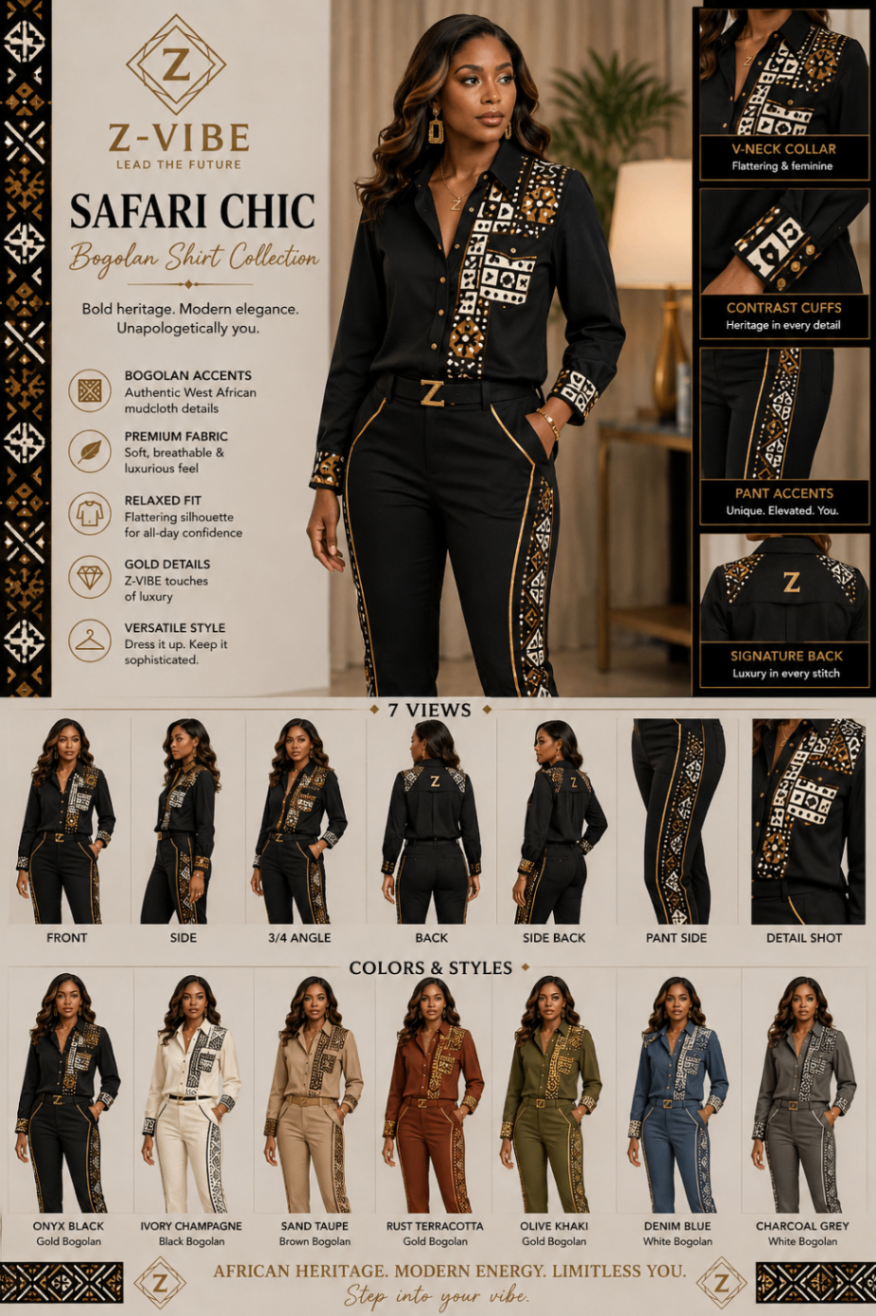 Safari Chic™ Bogolan mudcloth Shirt Set — Women · Shirting seven-view specification plate; showing 01 Front, 02 Left, 03 Right, 04 Back, 05 Interior, 06 Inner tags, 07 Fabric detail. — 01 Front, Onyx Black / Gold Bogolan mudcloth