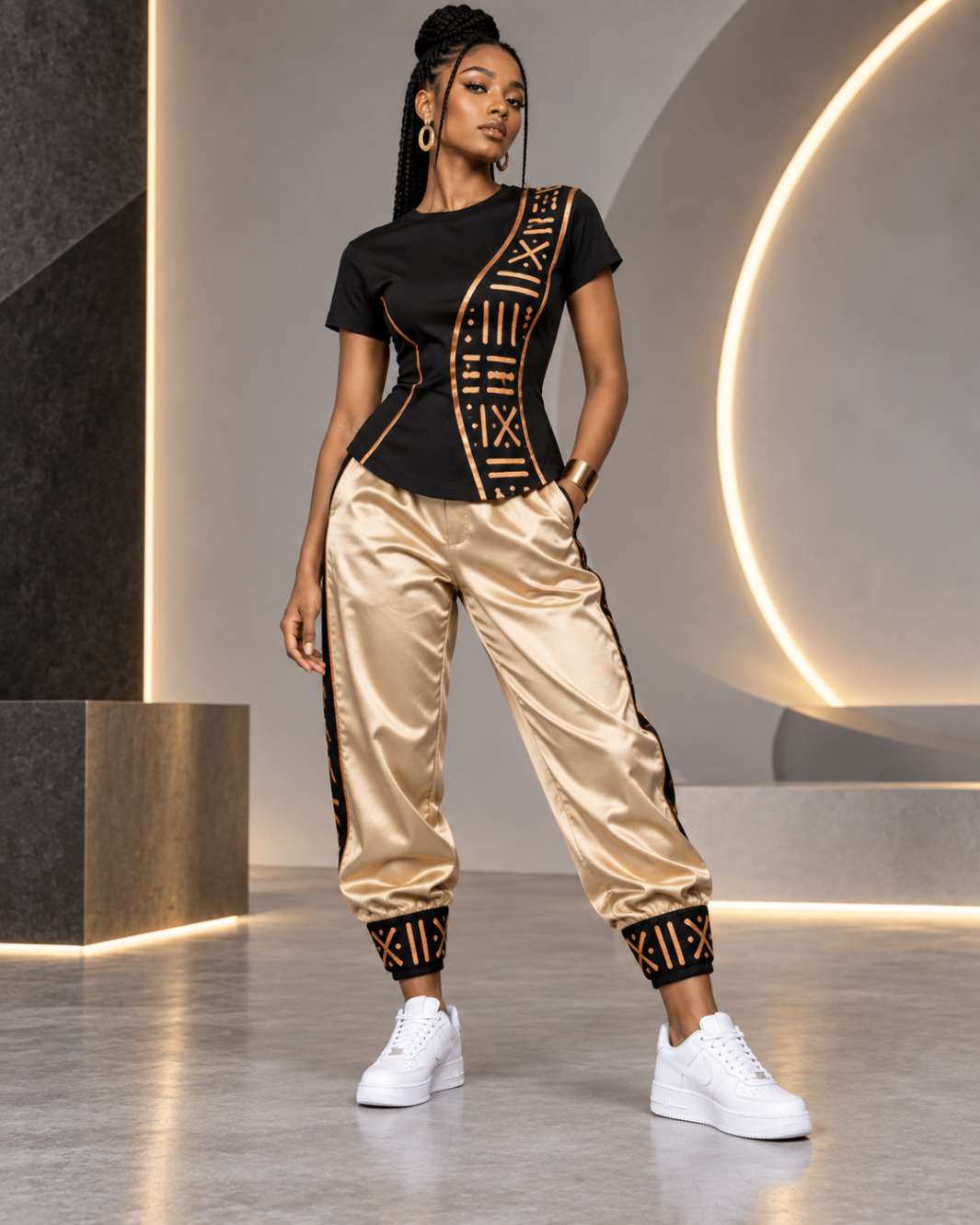 Onyx Fitted Tee & Champagne Satin Joggers — Women — House · Z-Vibe Bogolan Lounge™ seven-view specification plate; showing 01 Front, 02 Left, 03 Right, 04 Back, 05 Interior, 06 Inner tags, 07 Fabric detail. — 01 Front, Black / Champagne