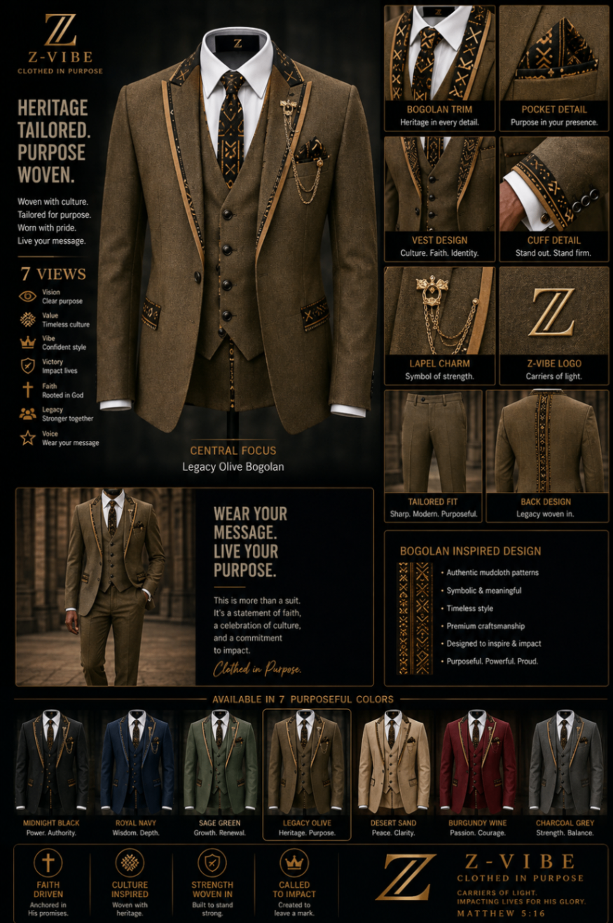 Legacy Olive Bogolan Suit — Men — Men · Clothed in Purpose seven-view specification plate; showing 01 Front, 02 Left, 03 Right, 04 Back, 05 Interior, 06 Inner tags, 07 Fabric detail. — 01 Front, Midnight Black