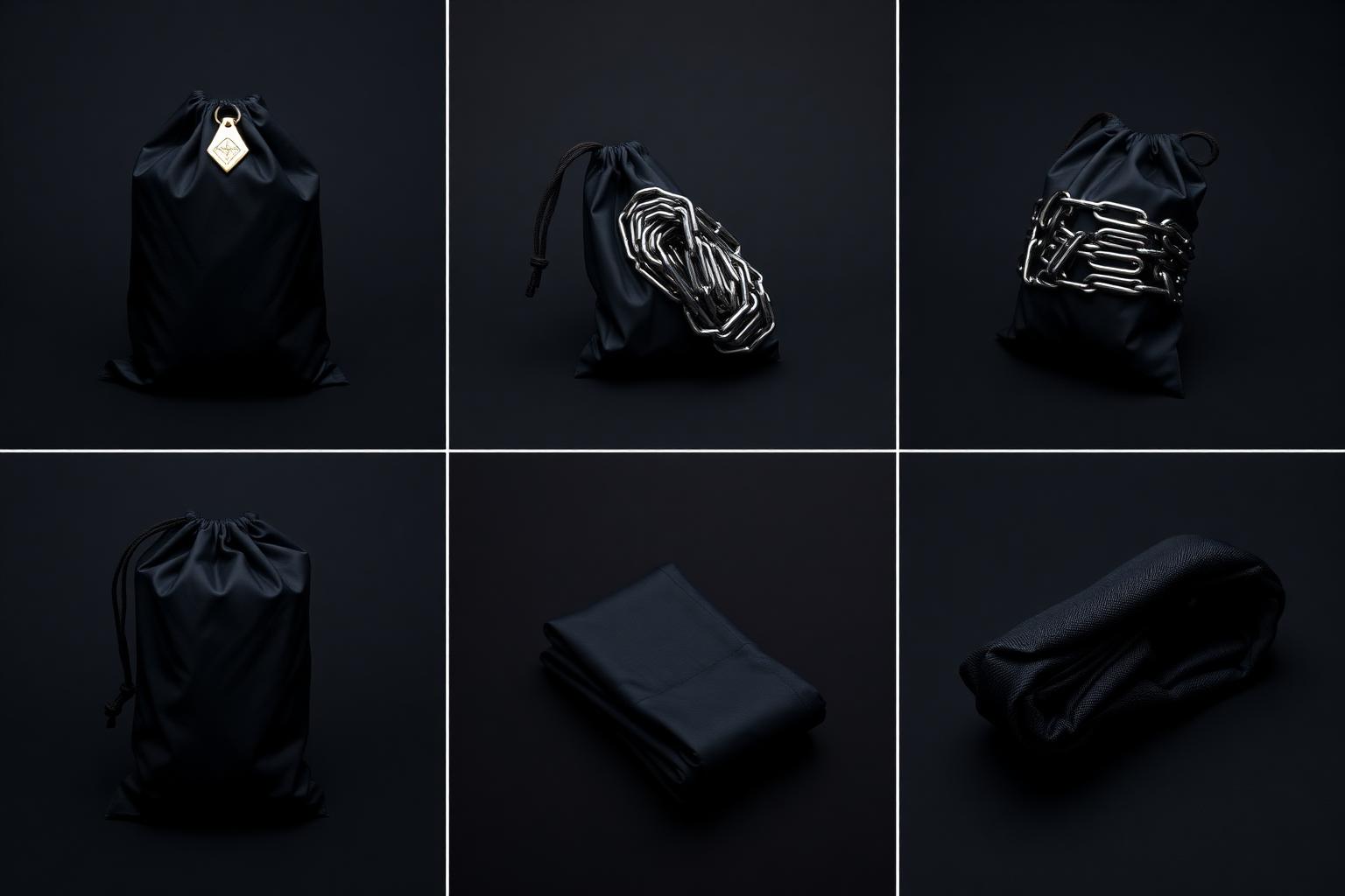 Z-Chain Carry Pouch — Men — Unisex · Z-Chain Snow Traction seven-view specification plate; showing 01 Front, 02 Left, 03 Right, 04 Back, 05 Interior, 06 Inner tags, 07 Fabric detail. — 01 Front, Obsidian