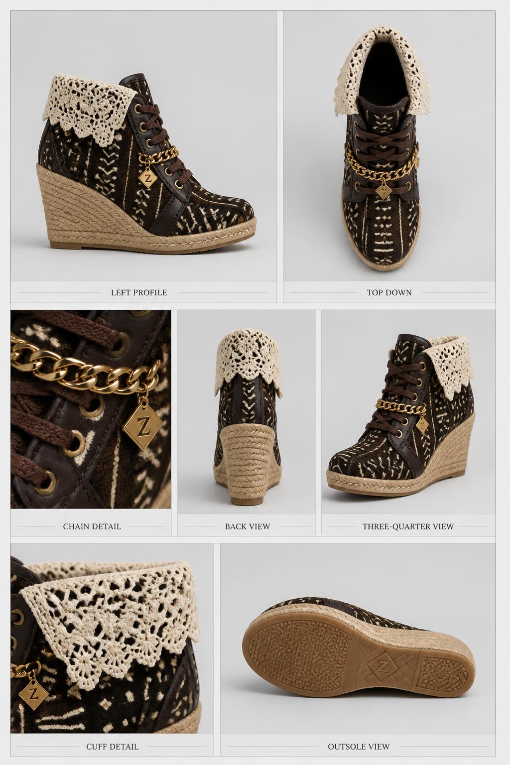 Z-Vibe Uplifting Sole™ Bogolan mudcloth Wedge — Women · Footwear seven-view specification plate; showing 01 Front, 02 Left, 03 Right, 04 Back, 05 Interior, 06 Inner tags, 07 Fabric detail; made in Malian Bogolan mudcloth, cotton crochet lace, jute espadrille wedge, gold-plate chain; shown in Sable Mud, Cream Lace, Indigo Mud, Ochre Earth, Obsidian Gold, Jute Natural.