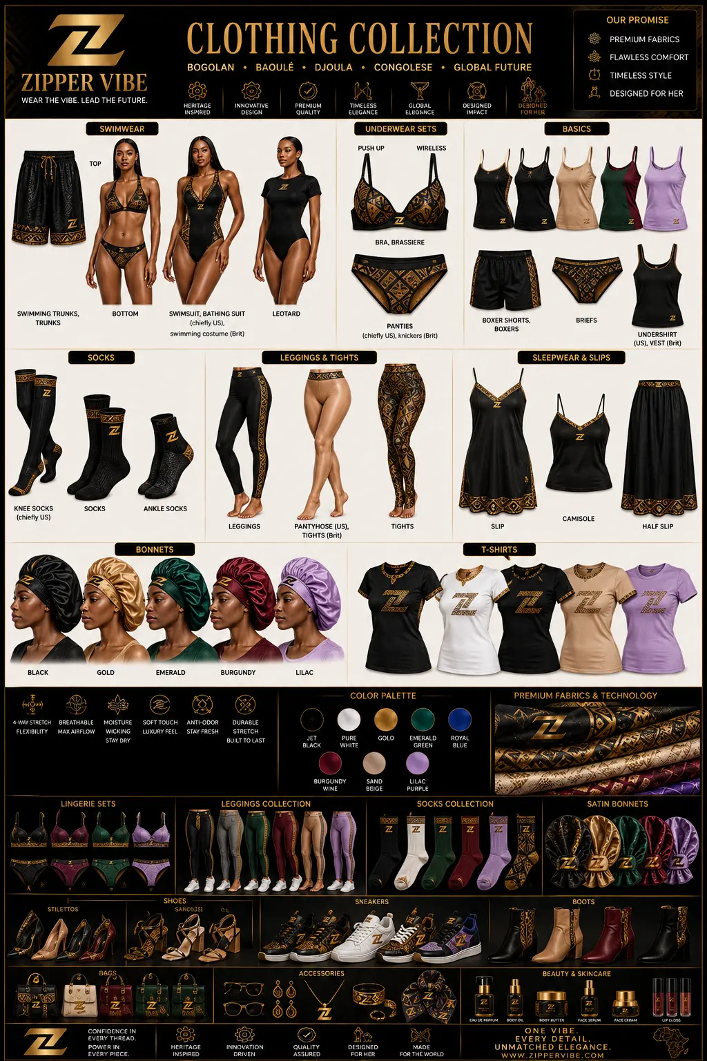 Women's clothing collection: swimwear, underwear sets, socks, tights, sleepwear, slips, bonnets and tees
